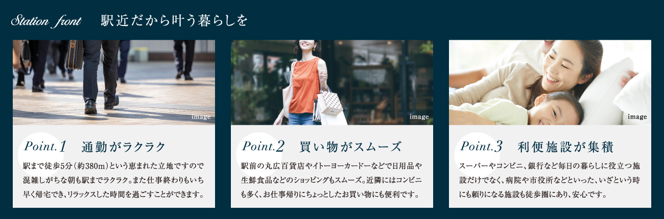 駅近だから叶う暮らしを。ポイント1.通勤がラクラク　ポイント2.買い物がスムーズ　ポイント3.利便施設が集積